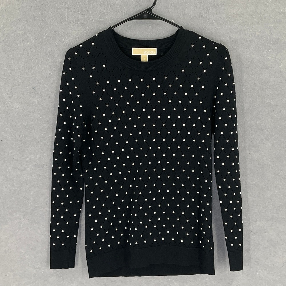 MICHAEL Michael Kors Black Studded Silver Tone Perforated Knit Sweater Sz S